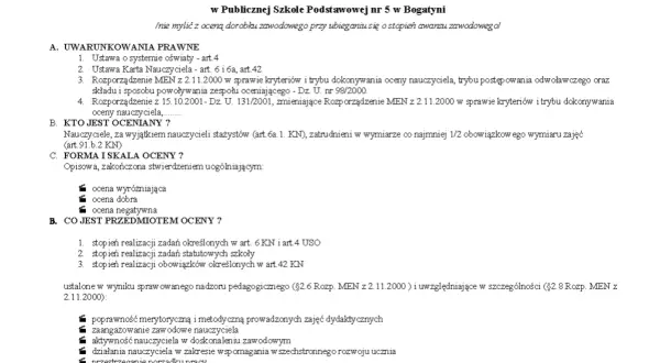 Ocena pracy nauczyciela w szkole, kryteria, kto podlega ocenie, skala ocen (wyróżniająca, dobra, negatywna) i przedmiot oceny.