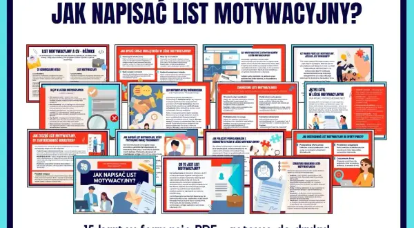 Zbiór 15 kart PDF "Jak napisać list motywacyjny?", idealny do druku. Pomaga stworzyć skuteczny list motywacyjny do urzędu i innych miejsc pracy.