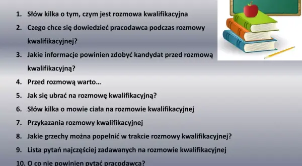 Spis treści: rozmowa kwalifikacyjna pytania i odpowiedzi, jak się przygotować, czego oczekuje pracodawca, jak się ubrać, mowa ciała, błędy, pytania i wskazówki.