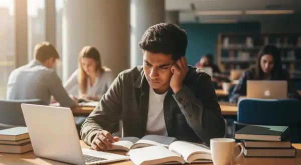 Młody mężczyzna pochylony nad książkami, przygotowuje się do egzaminu klasyfikacyjnego. W tle inni studenci w bibliotece.