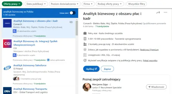 Szukasz pracy jako analityk biznesowy? LinkedIn to platforma, gdzie znajdziesz oferty pracy, np. analityk biznesowy z obszaru płac i kadr w Comarch.