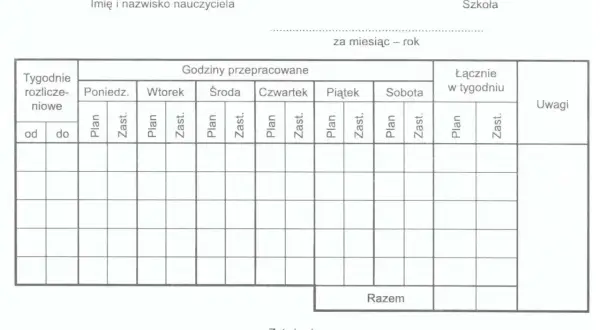 Formularz do rozliczania godzin ponadwymiarowych nauczycieli, z polami na wpisanie dat, dni tygodnia, planu lekcji i zastępstw.