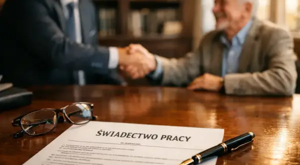 Uścisk dłoni na zakończenie kariery. Na stole świadectwo pracy, okulary i pióro. To symboliczna odprawa emerytalna nauczyciela.