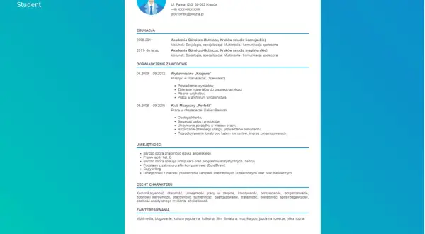 Przykładowe CV - Student. Piotr Binek, student socjologii, opisuje swoje wykształcenie, doświadczenie zawodowe (dziennikarz, kelner/barman), umiejętności (językowe, komputerowe, copywriting) i zainteresowania.