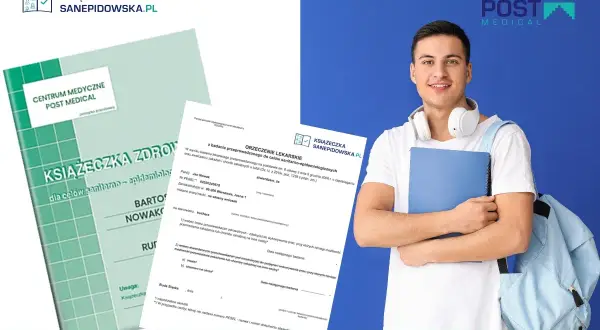 Młody mężczyzna z plecakiem i książką, obok dokumenty dotyczące badań do książeczki sanepidowskiej.