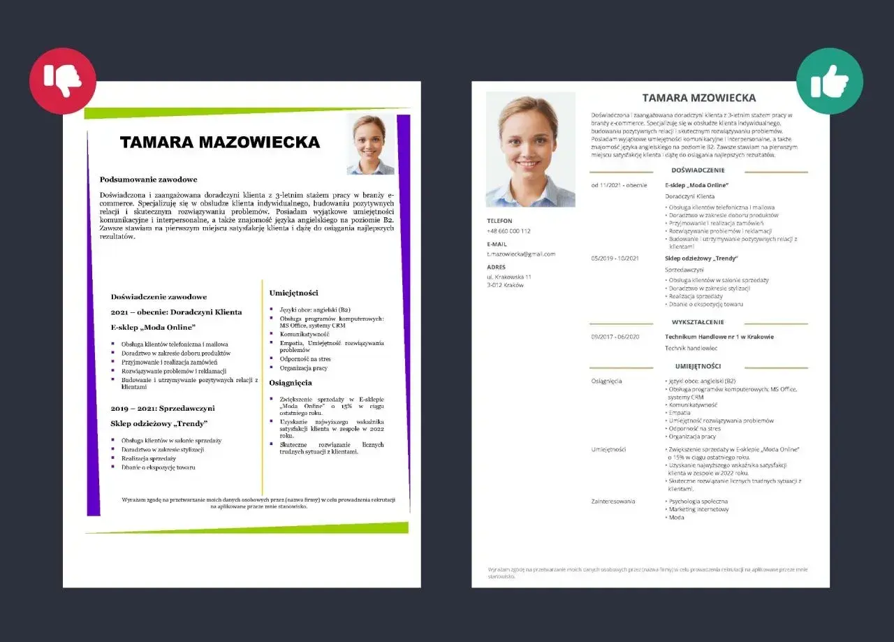 Dobre CV Tamary Mazowieckiej, doradczyni klienta z doświadczeniem w e-commerce i sprzedaży detalicznej.