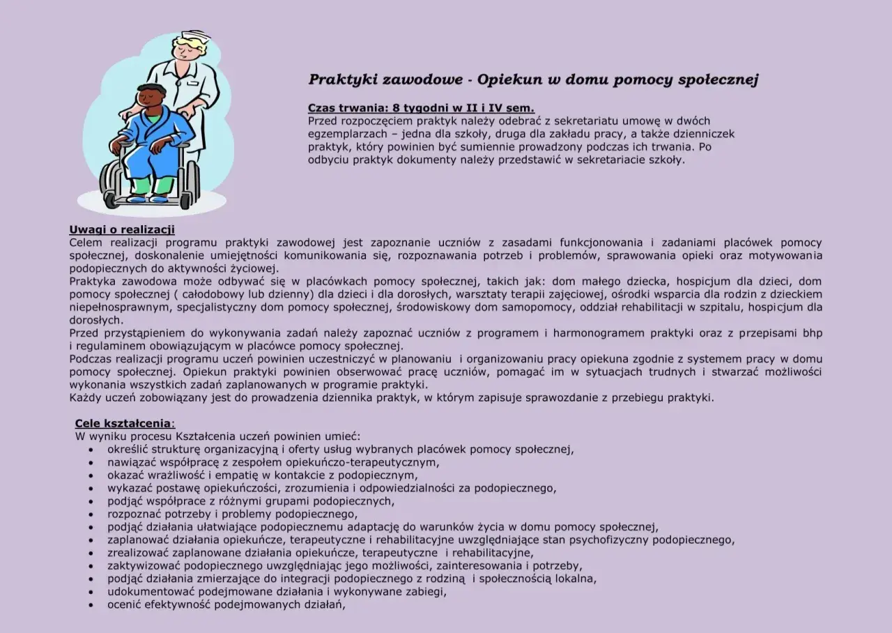 Ilustracja przedstawia opiekunkę pomagającą podopiecznemu w wózku inwalidzkim, symbolizując praktyki zawodowe w domu pomocy społecznej.