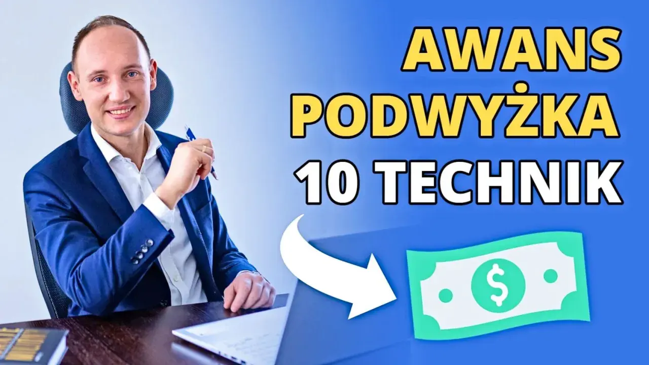 Mężczyzna w garniturze uśmiecha się, trzymając długopis. Obok tekst: "AWANS PODWYŻKA 10 TECHNIK" i symbol dolara. Dowiedz się, jak to osiągnąć!