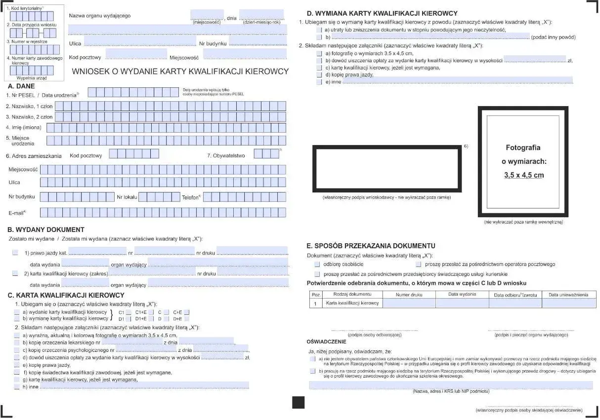 Wniosek o wydanie karty kwalifikacji kierowcy, zawierający dane osobowe, informacje o wydanym dokumencie i wymagane załączniki, w tym zdjęcie 3,5 x 4,5 cm.