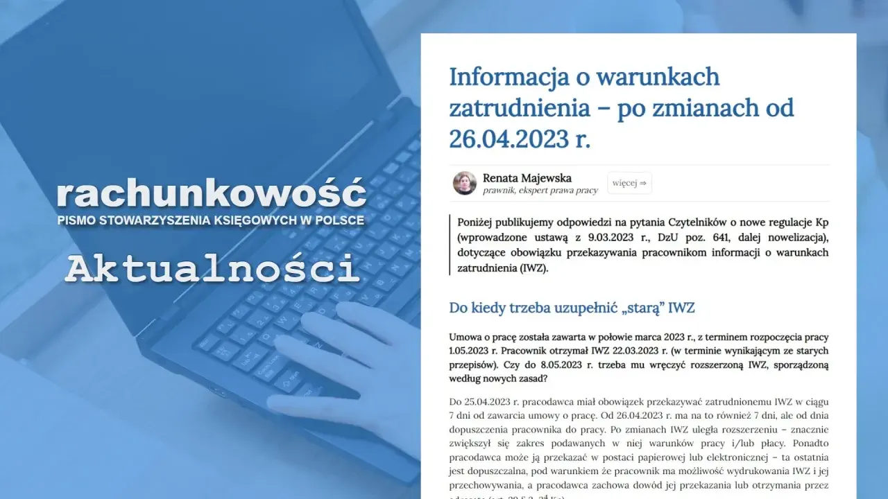 Fragment artykułu o zmianach w warunkach zatrudnienia na tle klawiatury laptopa.