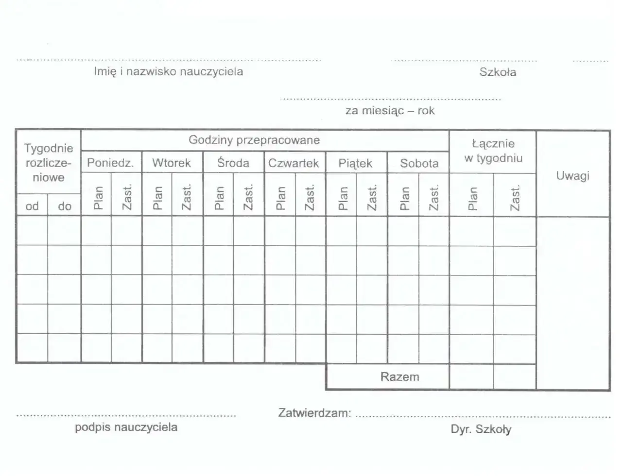 Formularz do rozliczania godzin ponadwymiarowych nauczycieli, z polami na wpisanie dat, dni tygodnia, planu lekcji i zastępstw.