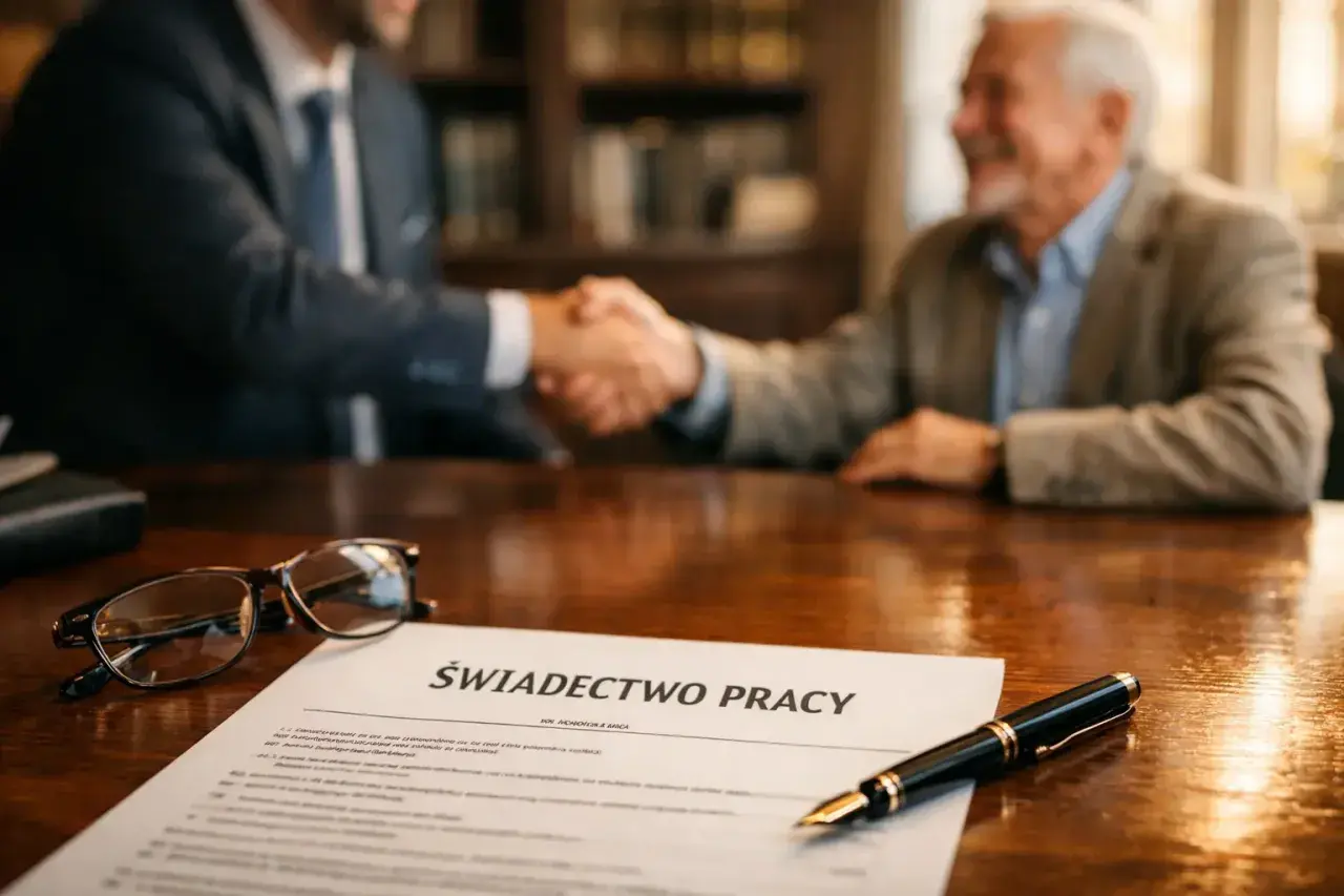 Uścisk dłoni na zakończenie kariery. Na stole świadectwo pracy, okulary i pióro. To symboliczna odprawa emerytalna nauczyciela.