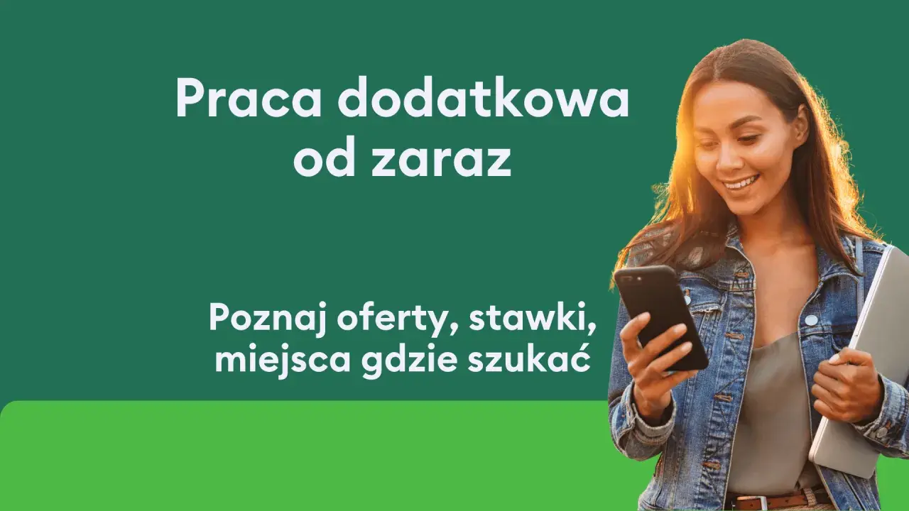 Uśmiechnięta młoda kobieta z telefonem i laptopem szuka dodatkowej pracy zdalnej. Poznaj oferty, stawki i miejsca.