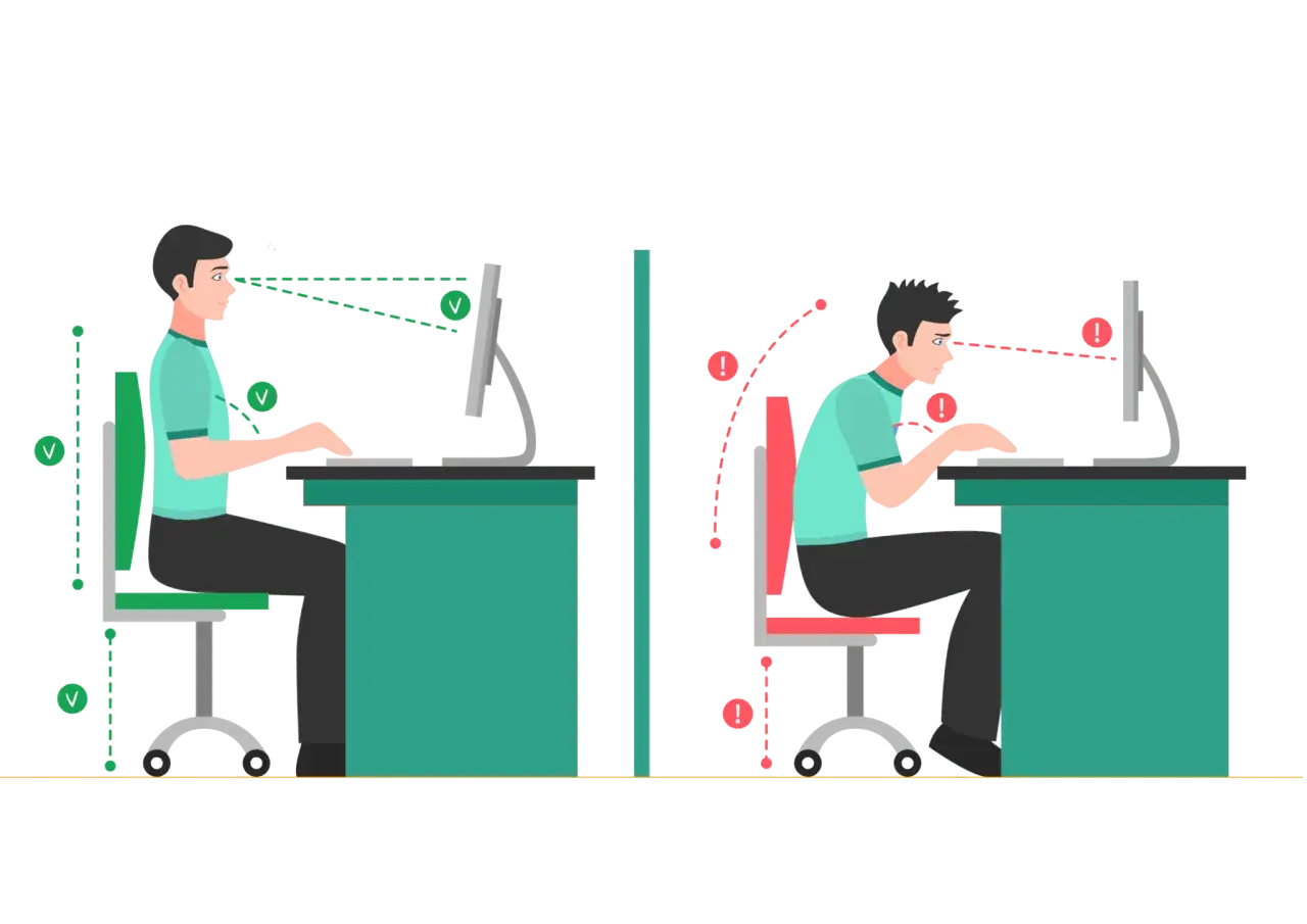Dwa przykłady siedzenia przy biurku: po lewej prawidłowa postawa, z naciskiem na ergonomię, po prawej zła postawa, grożąca bólem.