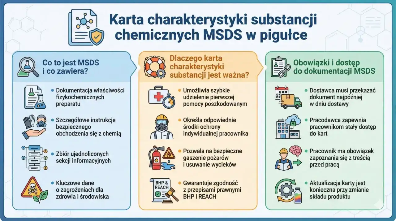 Karta charakterystyki MSDS: zawiera dane o właściwościach, instrukcje bezpieczeństwa, informacje o zagrożeniach. Ważna dla pierwszej pomocy i ochrony pracownika.