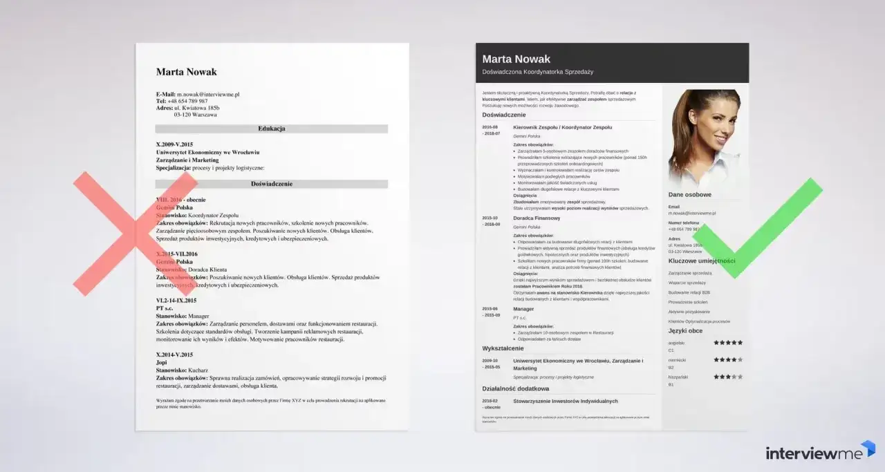 CV Marty Nowak z sekcją "Kluczowe umiejętności", gdzie wymieniono m.in. zarządzanie sprzedażą i budowanie relacji B2B, co świadczy o jej zainteresowaniach w CV.