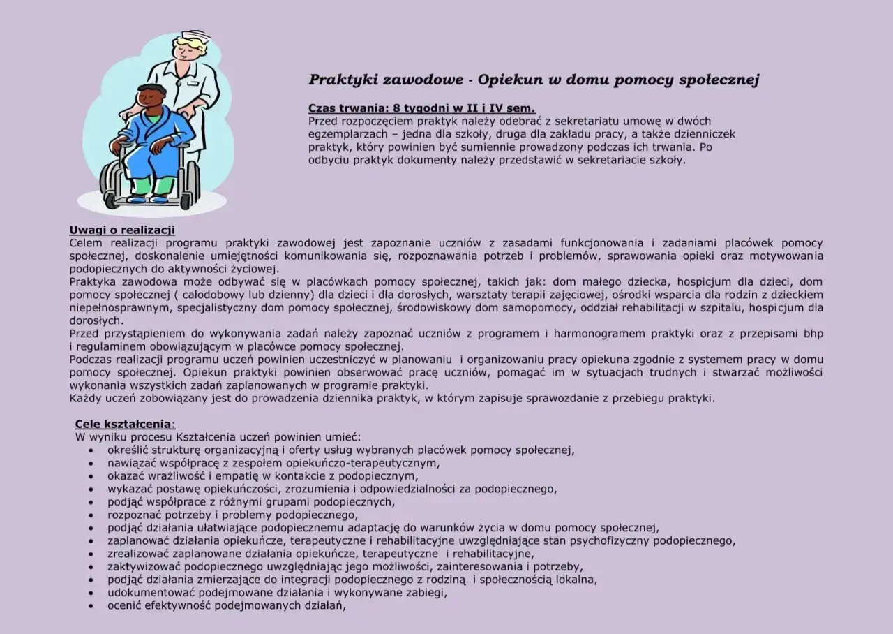 Ilustracja przedstawia opiekunkę pomagającą osobie na wózku inwalidzkim. To wizualizacja praktyk zawodowych w domu pomocy społecznej.