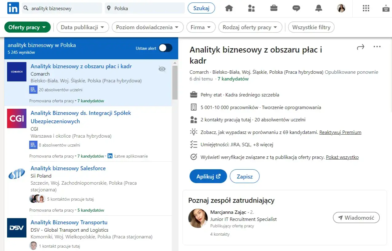 Szukasz pracy jako analityk biznesowy? LinkedIn to platforma, gdzie znajdziesz oferty pracy, np. analityka biznesowego w Polsce.