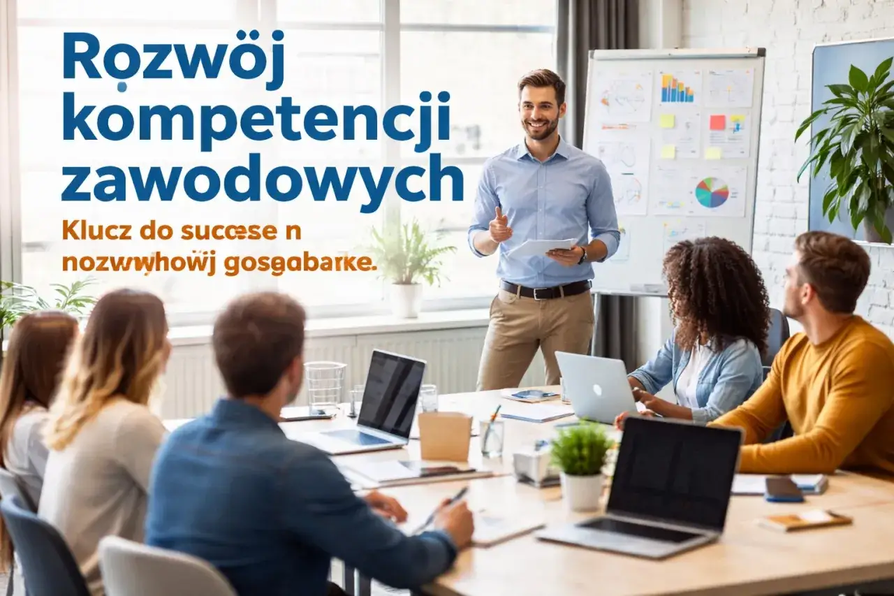 Szkolenie z rozwoju kompetencji zawodowych. Uczestnicy słuchają prezentera, który wskazuje na tablicę z wykresami.