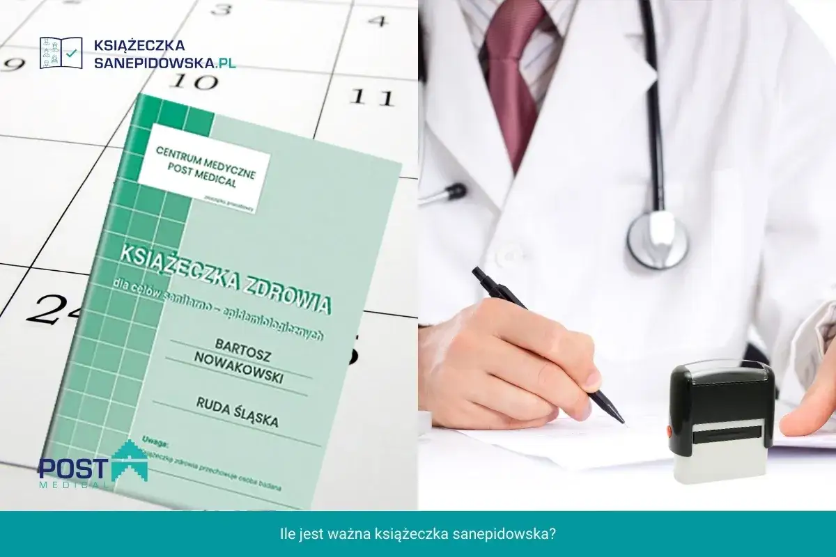 Zielona książeczka zdrowia, czyli książeczka sanepidowska, leży na kalendarzu. Obok lekarz w białym kitlu podpisuje dokument.