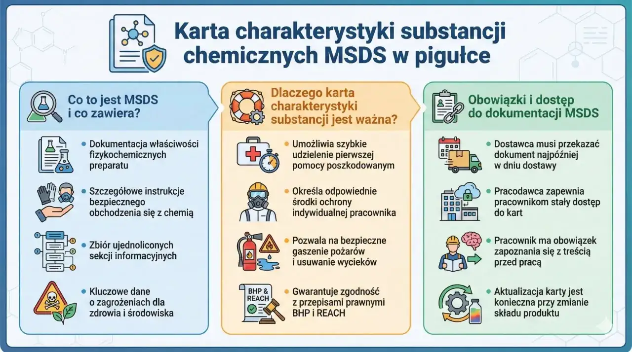 Karta charakterystyki MSDS: zawiera dane o substancjach chemicznych, instrukcje bezpieczeństwa, informacje o zagrożeniach i pierwszej pomocy. Niezbędna dla pracodawców i pracowników.