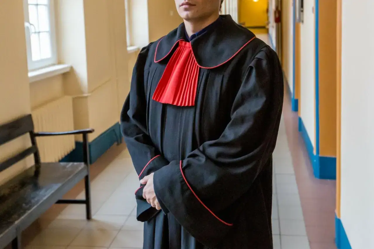 Prokurator w todze z czerwonym żabotem. Zastanawiasz się, ile zarabia prokurator?