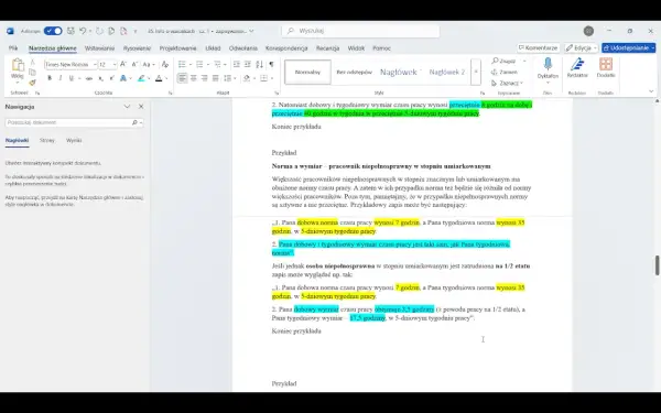 Dokument zawiera informację o warunkach zatrudnienia, w tym o normach czasu pracy dla pracowników niepełnosprawnych.