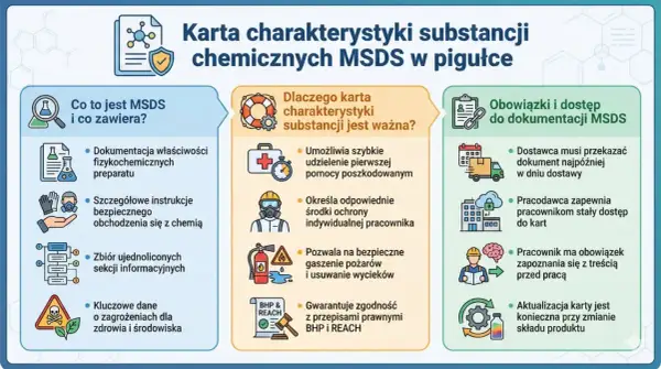 Karta charakterystyki MSDS: zawiera dane o właściwościach, instrukcje bezpieczeństwa, informacje o zagrożeniach. Ważna dla pierwszej pomocy i ochrony pracownika.