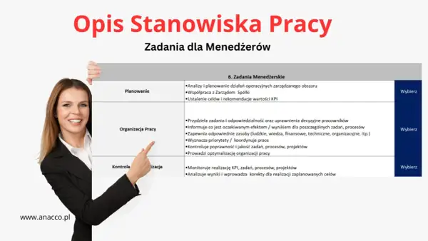Opis stanowiska pracy dla menedżerów: planowanie, organizacja i kontrola. Kobieta wskazuje na tabelę zadań.