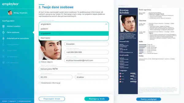 Tworzenie CV po angielsku. Krystian Kowalski uzupełnia dane osobowe, wybiera język CV i dodaje zdjęcie.