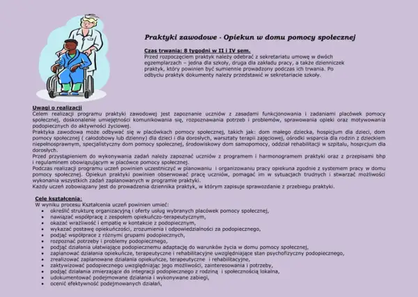 Ilustracja przedstawia opiekunkę pomagającą podopiecznemu w wózku inwalidzkim, symbolizując praktyki zawodowe w domu pomocy społecznej.