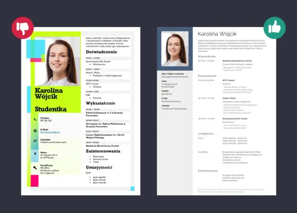 Karolina Wójcik, **laureatka konkursu**, prezentuje swoje CV z informacjami o wykształceniu, doświadczeniu i umiejętnościach.