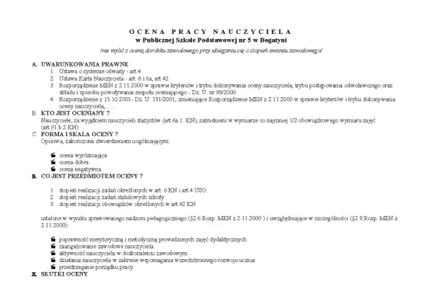 Ocena pracy nauczyciela w szkole, kryteria, kto podlega ocenie, skala ocen (wyróżniająca, dobra, negatywna) i przedmiot oceny.