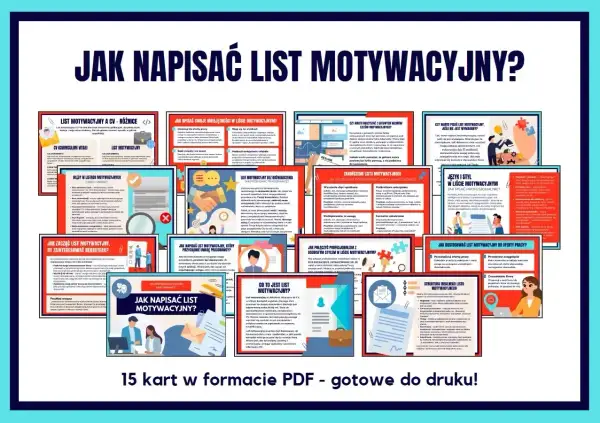 Zbiór 15 kart PDF "Jak napisać list motywacyjny?", idealny do druku. Pomaga stworzyć skuteczny list motywacyjny do urzędu i innych miejsc pracy.