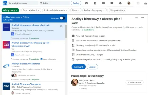 Szukasz pracy jako analityk biznesowy? LinkedIn to platforma, gdzie znajdziesz oferty pracy, np. analityk biznesowy z obszaru płac i kadr w Comarch.