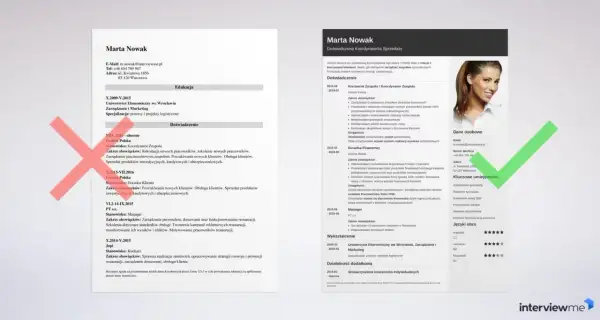 CV Marty Nowak z sekcją "Kluczowe umiejętności", gdzie wymieniono m.in. zarządzanie sprzedażą i budowanie relacji B2B, co świadczy o jej zainteresowaniach w CV.