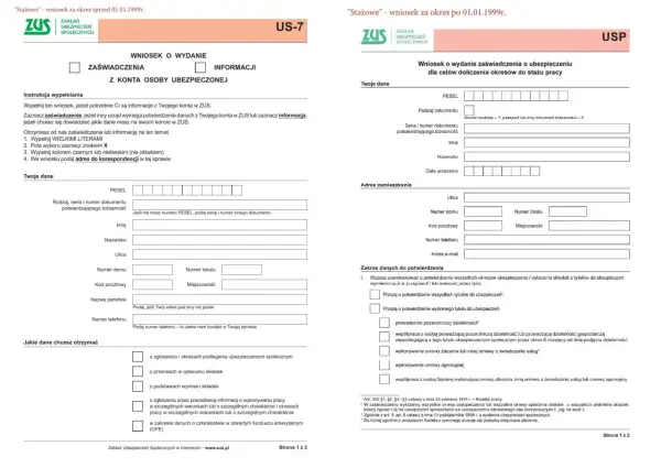 Wniosek US-7 do ZUS o wydanie zaświadczenia o ubezpieczeniu dla celów doliczenia okresów do stażu pracy.
