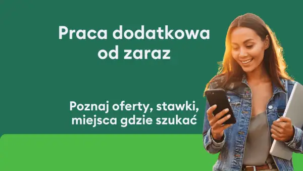 Uśmiechnięta młoda kobieta z telefonem i laptopem szuka dodatkowej pracy zdalnej. Poznaj oferty, stawki i miejsca.