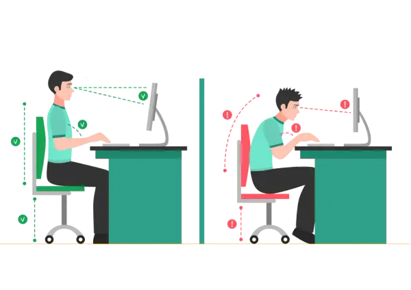 Dwa przykłady siedzenia przy biurku: po lewej prawidłowa postawa, z naciskiem na ergonomię, po prawej zła postawa, grożąca bólem.