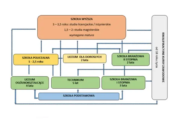 Schemat ścieżek edukacji: od szkoły podstawowej, przez liceum dla dorosłych 2-letnie, technikum, aż po studia wyższe.